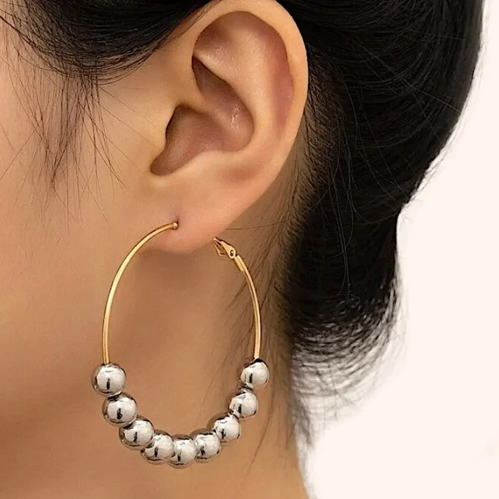 Gold Hoop Silver Ball Earrings, Oversized, Exaggerated, Drop, Dangle, Beaded